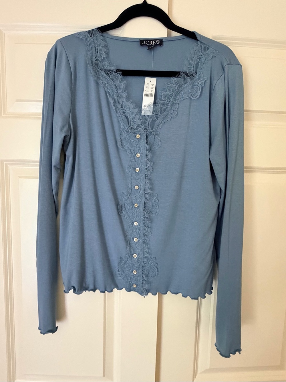 J. Crew Dusty Blue Lace-Trim Long Sleeve Button Cardigan
